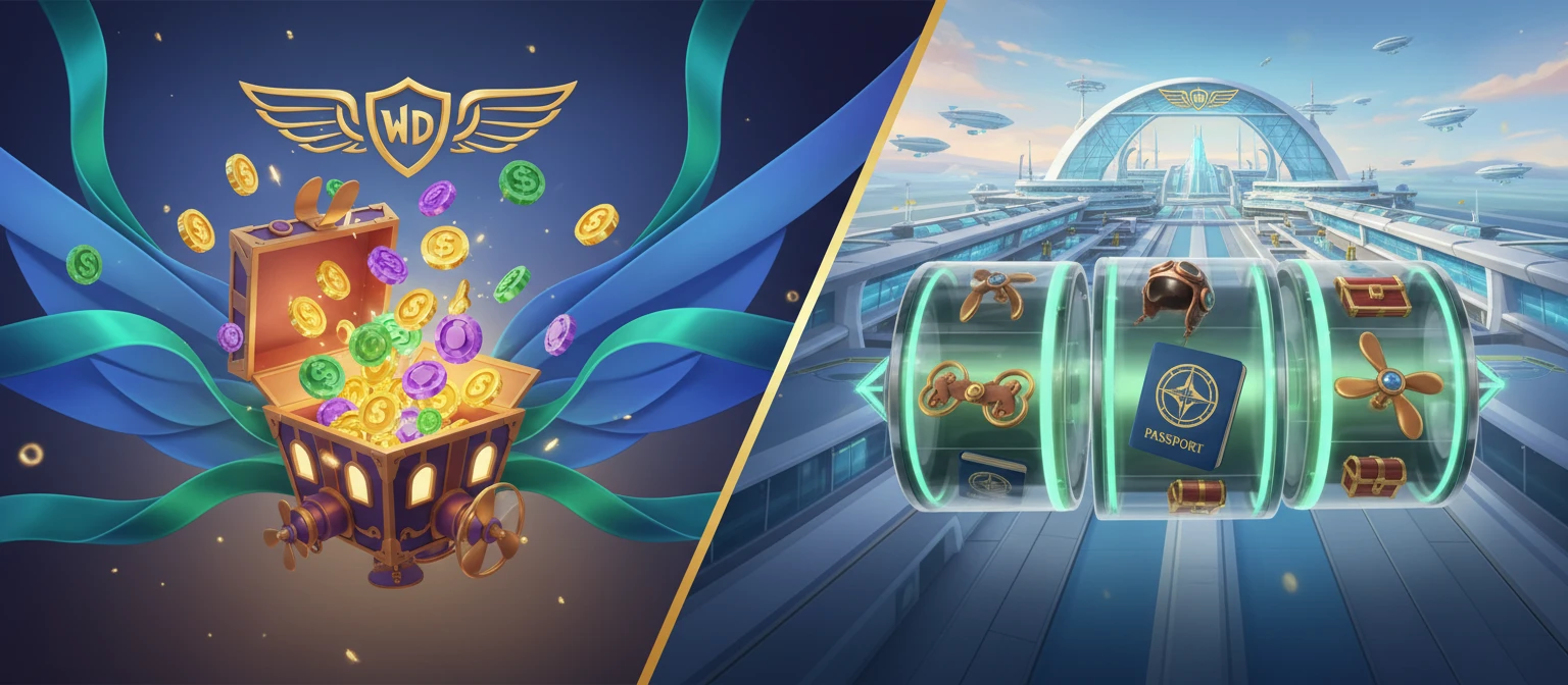 Conceptual airport terminal split between promotional lights and slot mechanics