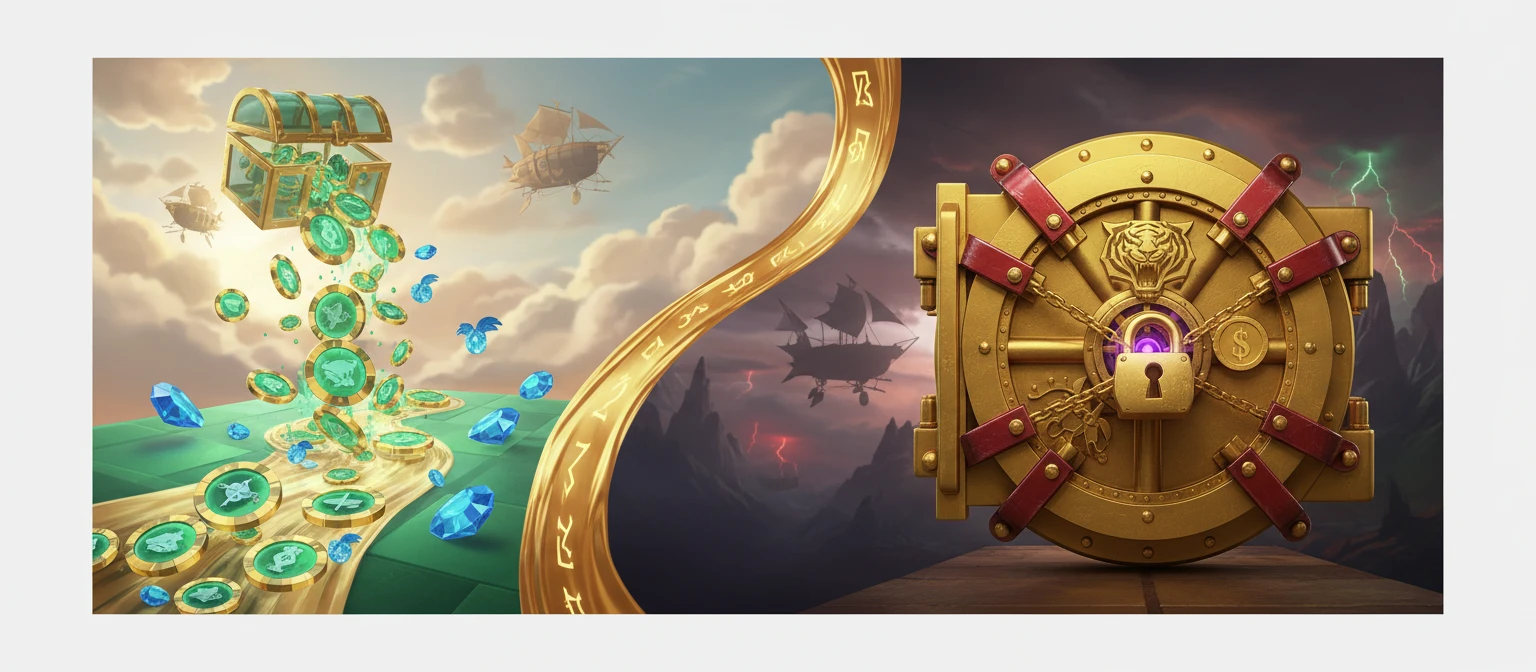 Conceptual split image representing free-play versus real-money play