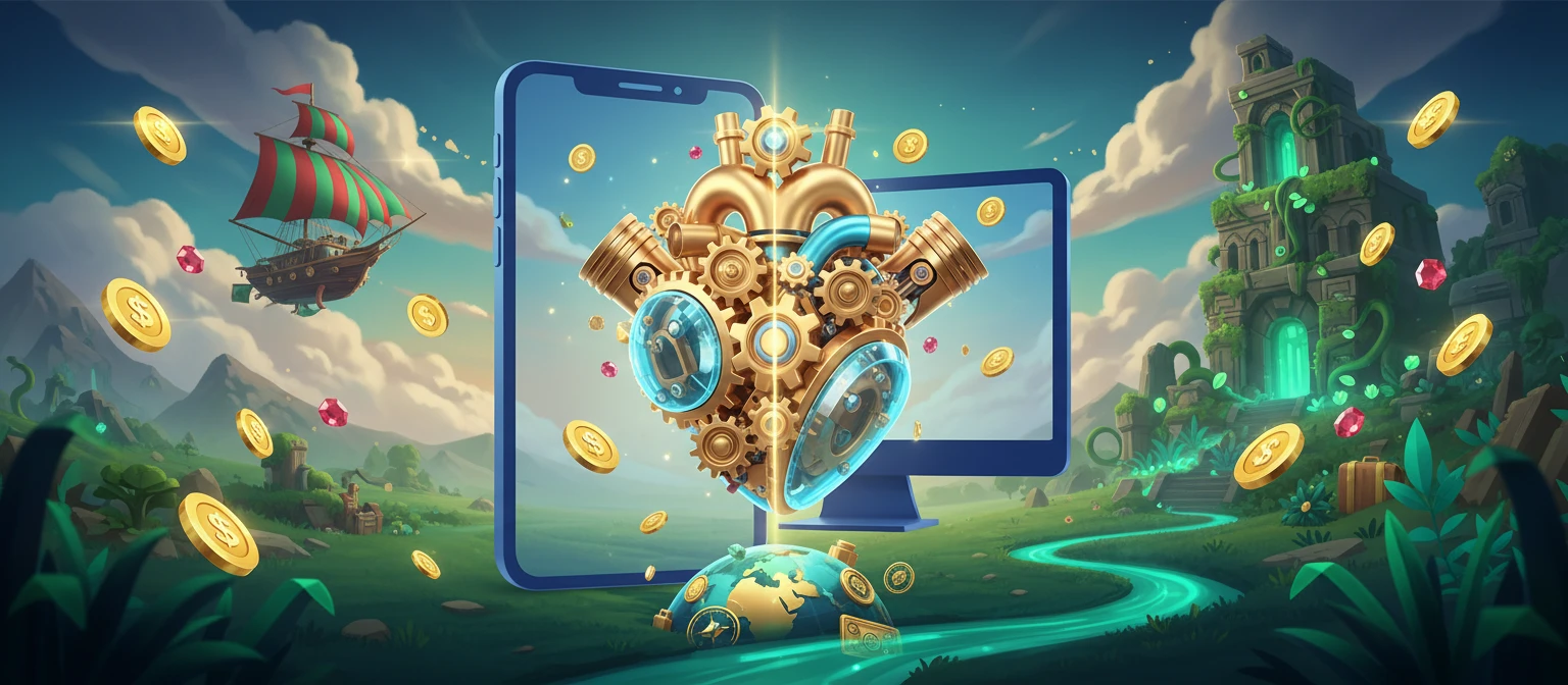 Two differently sized screens showing an identical game grid, representing desktop and mobile parity