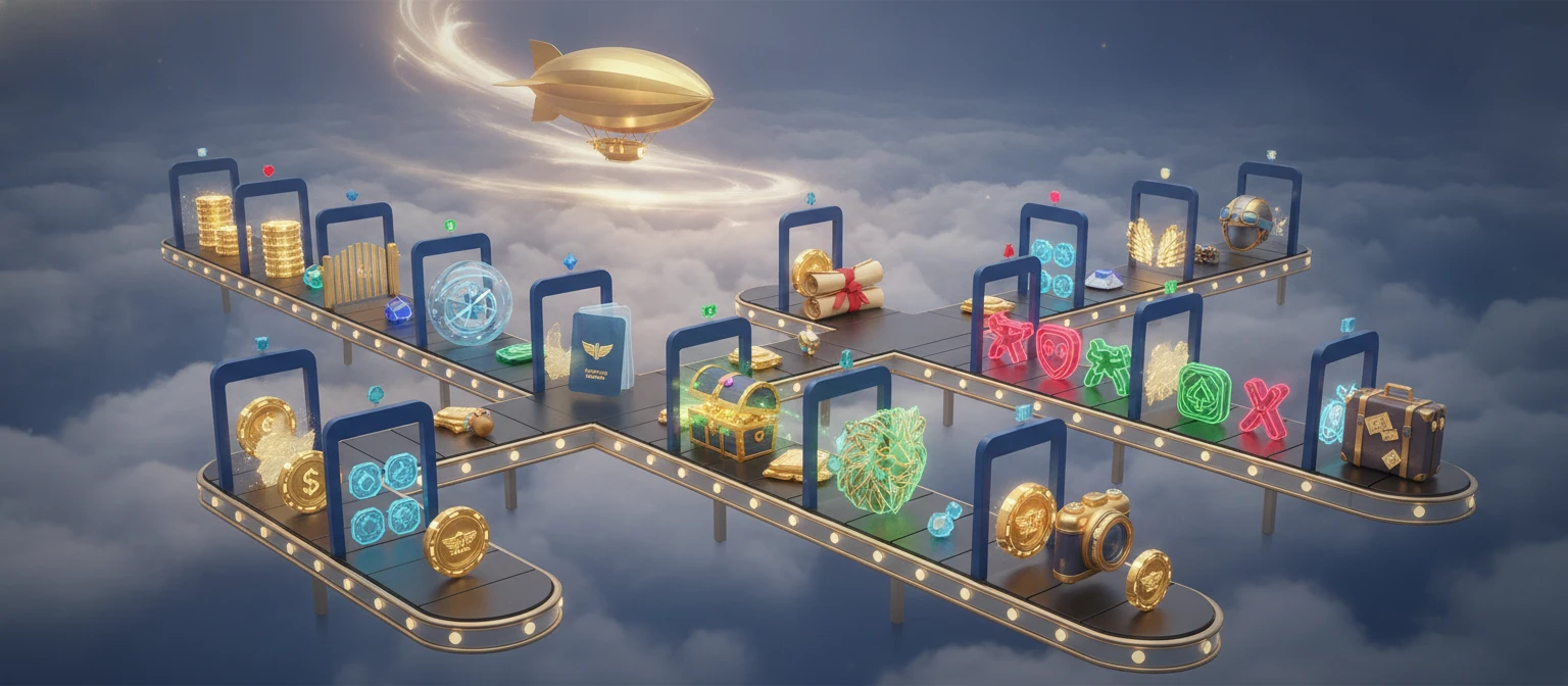 Concept art of an airport security checkpoint representing the twelve random features